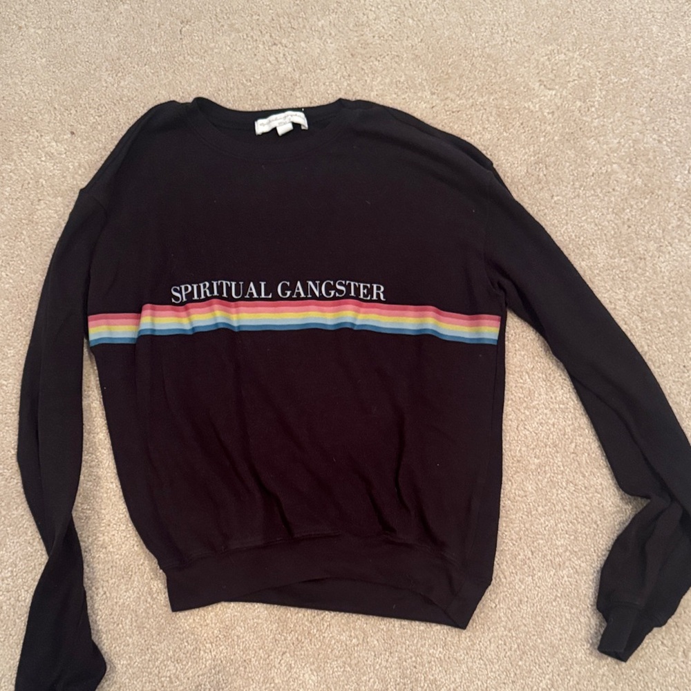 Spiritual Gangster Black Crewneck with Multicolor Stripe